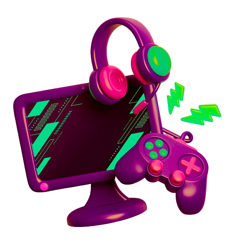 Neon colored illustration of a gaming controller with streaming and connectivity symbols, glowing magenta and green