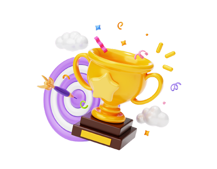 Illustration of a golden trophy with stars and coins celebrating a gaming tournament victory